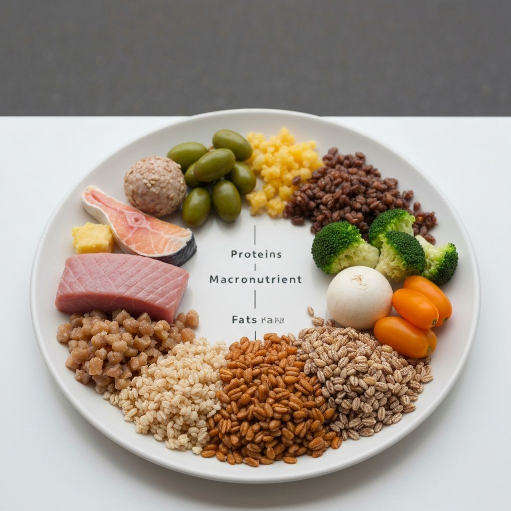 Ausgewogener Teller mit Proteinen, Fetten und Kohlenhydraten